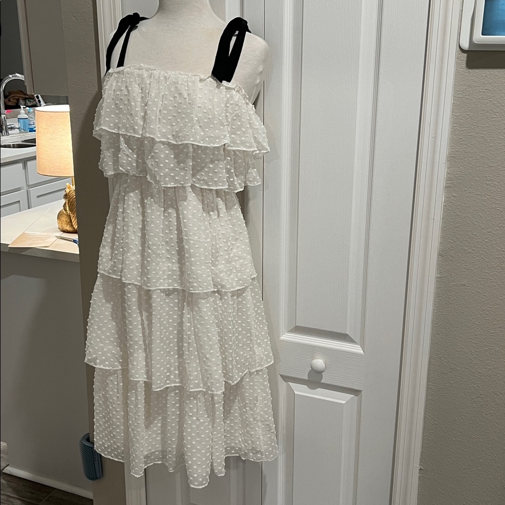 J. Crew White Textured Swiss Dot Sundress with Black Straps